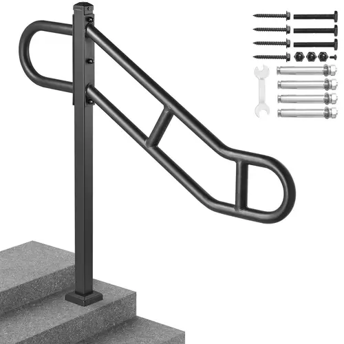 VEVOR Single Post Metal Stair Handrail, 40.5" L x 35.4" H Carbon Steel Floor-Mounted Grab Rail, U-Shaped Post with 2 Anti-Skid Crossbars, Ideal for 1-3-Step Stairs, Fits Concrete/Wood/Tiles for Garden Garage#SohoChic
