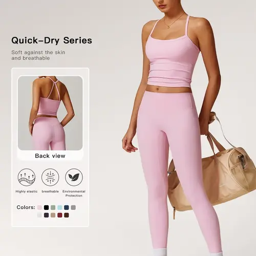 Women's Solid Cut Out Backless Cami Top & High Waist Leggings Tracksuit Set, Sporty Comfy Breathable Outfits for Yoga Gym Workout Running, Valentine's Day Gift for Girl, Ladies Summer Elastic Breathable Sportswear, Sport Activewear, Fitness Clothing