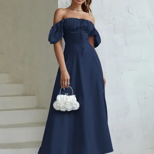 Women's Off The Shoulder Ruched Split Thigh Tie Front A Line Woven Fit Slim Dress, Elegant Puff Sleeve Multiway Style Dress for Party Holiday Wedding Guest, Ladies Summer Clothes Womenswear Wedding Guest Dresses