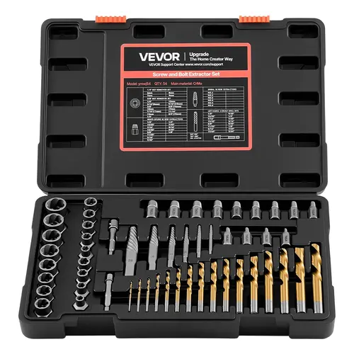 【Summerfinds】VEVOR 54-Piece Cr-Mo Steel Screw Extractor Set with Drill Bits, Adapters & Solid Storage Case, Laser Etched, Quick Size ID, Tool Organization, Quick Repairs Fit, Power+Hand Tool Compatibility, 54 Pieces, Fits Hand Tools For Quick Repairs, Eas