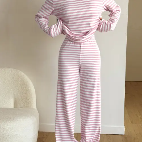 Pink White Striped Women's Two-Piece Long Sleeve Crew Neck Top & High Waist Wide Leg Pants Lounge, Soft Stretch Fabric Pajama Set, Loungewear Sets, Casual Homewear, Home Clothes Loungewear, Sleepwear for Daily, Loungewear, Womenswear