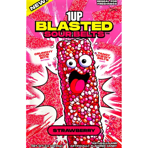 1UP Candy Blasted Sour Belts – Strawberry | Crunchy-Coated Sour Candy Strips (1, 6 or 10 Pack)