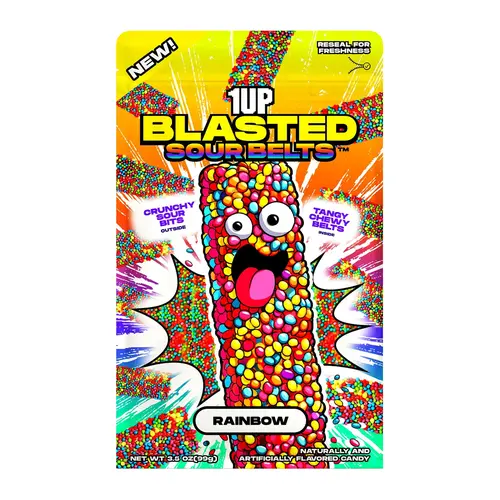 1UP Candy Blasted Sour Belts – Rainbow | Crunchy-Coated Sour Candy Strips (1, 6 or 10 Pack)