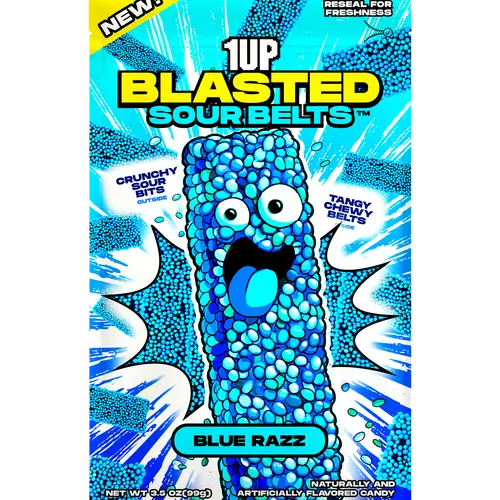 1UP Candy Blasted Sour Belts – Blue Razz | Crunchy-Coated Sour Candy Strips (1, 6 or 10 Pack)