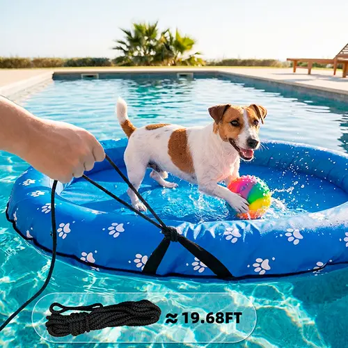Dono Dog Blue Bone Inflatable Pool Float Raft - Sturdy Polyester Cover, Convenient Handle, Attached Rope, Internal Valve Resists Water, 19.68 ft Portable Cooling Toy for 0.75-45 kg Pets, Pool Floaties for Water Fun