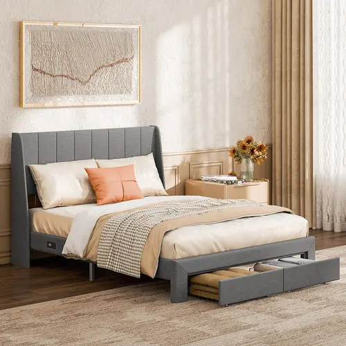 Sweetcrispy Queen Size Upholstered Platform Bed Frame with Tufted Fabric Headboard, 2 Storage Drawers, Contemporary Bedroom Bedframe, Bed with Storage Underneath