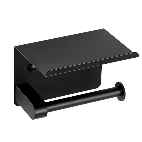 VEVOR Rustproof 304 Stainless Steel Toilet Tissue Holder with Shelf, Waterproof, Smooth, Large Roll Fit, Dual Mounts (Screws + Adhesive Tape), Wall-Mounted Bathroom Tools and Gadgets, Matte Black, Small Items Shelf, Anti-Fall Cap, Easy Installation#SohoCh