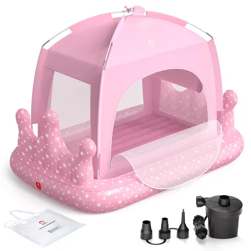 QPAU Princess Inflatable Toddler Bed with Tent, Blow Up Toddler Travel Bed with Sides, Portable Kids Air Mattress as Birthday Gifts for Girls, Ideal for Home, Grandma’s, Camping & Sleepovers – Includes Electric Pump