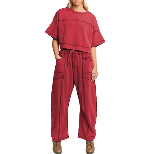 Hixiaohe Two-piece women's sportswear set Cropped T-shirt with square neckline Wide-leg pants with drawstring Sportswear for travel Casual wear