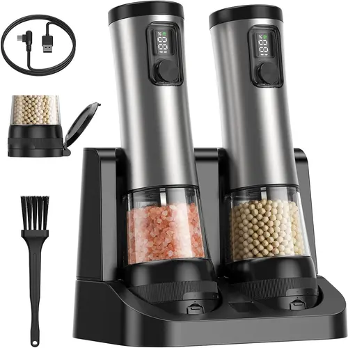 Rechargeable Electric Salt & Pepper Grinder Set, 2-Pack Stainless Steel Utensils with Adjustable Coarseness & Speed, Large Capacity, 1-Hand Operation for Kitchen & Camping Seasoning Summerwins, Led Light