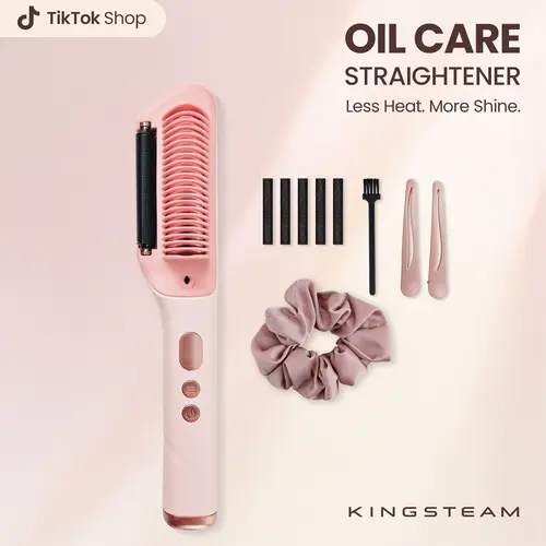 Kingsteam Hair Straightener Brush with Essential Oil Care - Anti-Frizz Ceramic Heated Straightening Comb, Negative Ion Fast Heating Styling Iron for Silky Smooth Hair