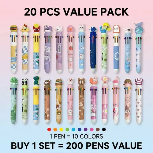 20Pcs Bulk 10-in-1 Multicolor Pen Set - 0.8mm Smooth Writing, Assorted Cute Designs, Back to School Supplies, Playful Sets, Gift Ideas for Kids (Office Use)