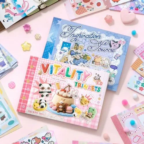 A6 Dual Decal Sticker Album (Single/Bundle) - 30 Sheets Tear into 60 M5 Pages, Modern Diary Sticker Pack, Scrapbook Supplies Ideal for Mini Binders, Dreamy Coquette Cutecore Kawaii Plush Accents for DIY Crafts, Cute Stickers