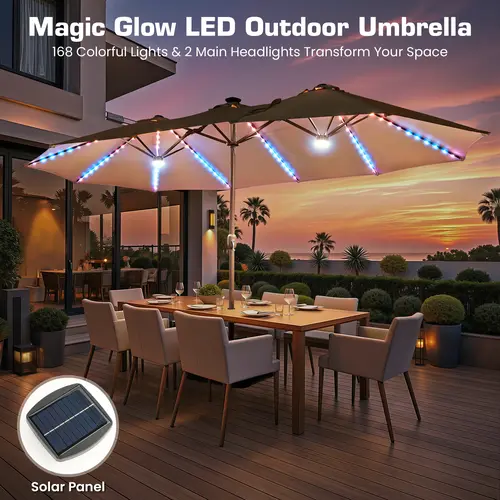 Weaxty 15ft Double-Sided Patio Umbrella - Outdoor Shade Canopy with Solar LED Lights, 12 Heavy-Duty Ribs, Included Stand Base, Double Patio Umbrella Parasols for Canopies & Shade, Backyard, Double Patio Umbrella Parasols, Canopies & Shade
