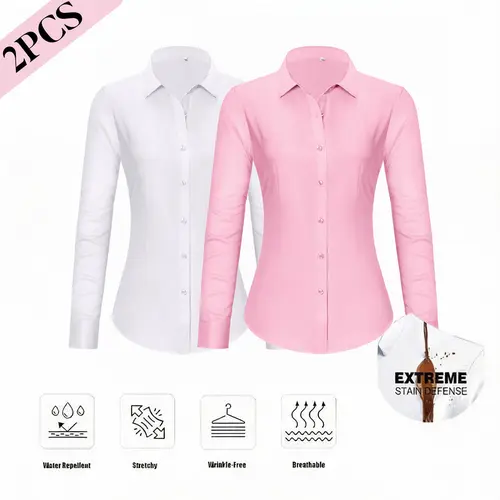 2 Pack Siliteelon Button Down Stain Shield Dress Shirts for Women Collared Wrinkle Free Dress Shirt Classic Fit Long Sleeve Tops Business Casual Work Classy Layering Blouse January Outfits Inspo tiktokshopspringglowup summervibes Polyester Breathable summ