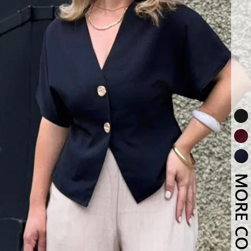 Women's Solid Color Basic Minimalist V-Neck Cropped Blouse Shirts Lady , Short Sleeve & Gold Button Detail & Loose Fit, Button Front Casual, Perfect for Office Outfits/Street Outings/Photo Shoots/Weekend Events Womenswear Casual Top 1pc