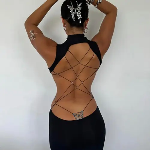 Women's Backless Butterfly Decor Bodycon Dress, Fashionable Elegant High Neck Sleeveless O-ring Tank Dress for Party Club Dating Wear, Dresses for Women, Fall Dresses, Ladies Back To School Clothes for Fall, Birthday Dresses 2026,dresses for women