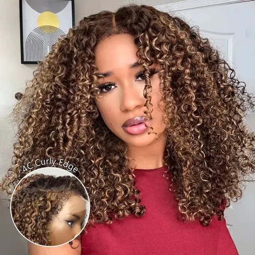 【18" 16" Same Price Only $129】StayLock 720° Snug Fit Glueless Blonde Highlight Water Wave /Kinky Curl Wig 7x5 Lace Pre-Bleached Human Hair Wigs,sohochic