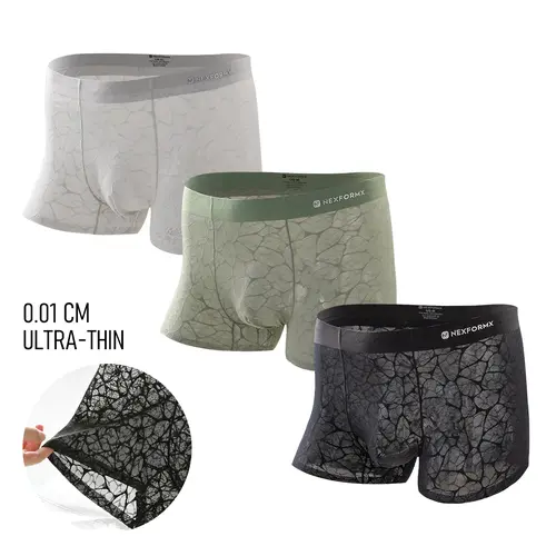 NEXFORMX Men's Premium Lace Mesh Boxer Trunks 3 Pack Lightweight Scented Summer Underwear with Essential Oil for Stylish Cooling Comfort
