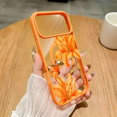 Orange Lily MagSafe Magnetic Phone Case for iPhone 17/17 Pro Max/Air Stylish Trendy Pattern Shockproof Hybrid TPE Case Perfect Gift, Smartphone, Handheld, Cellphone