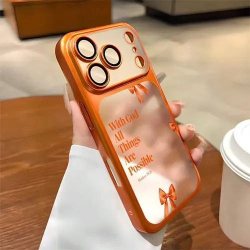 "With God All Things Are Possible" Patterned Electroplated Semi-Transparent Frosted Fully Enclosed PC Orange Smartphone Protector Case, Handheld Devices Accessory Compatible with iPhone 17 Pro Max,16,15,14,13,12 (Ideal Christmas, Valentine's Day Gift)