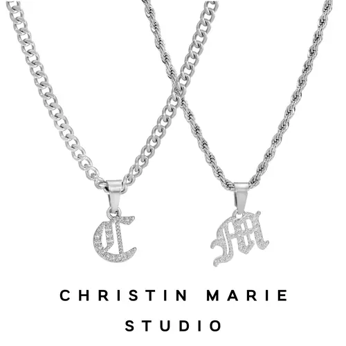 Old English Micro Initial Necklace (Bright Silver)