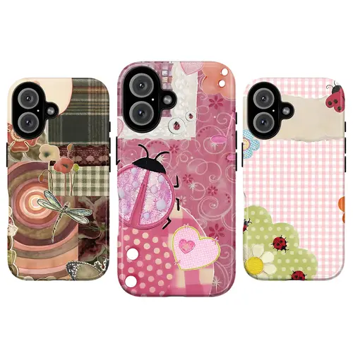 Whimsical Pink Ladybug Smartphone Case - Lacy, Slim Weight, Cottagecore Aesthetic, Patchwork Polka Dot Floral, Kawaii Vintage Garden Cartoon Art, Multi-Model Protective Accessory for iPhone 11-17, Girl-Focused Animals/Insects/Dinosaurs Themed Mobile Cover