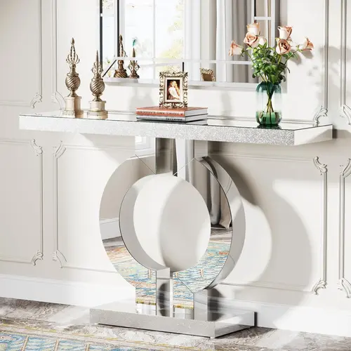 LITTLE TREE 43-Inch Mirrored Console Table with O-Shaped Base, Modern Silver Entryway Table for Living Room Hallway Entrance