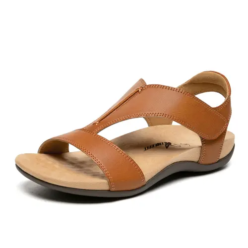 Women's Orthopedic Sandals - Shoes for Women with Arch Support, Casual Wear Slip-On PU Leather Hook Loop Comfortable Beach Sandals