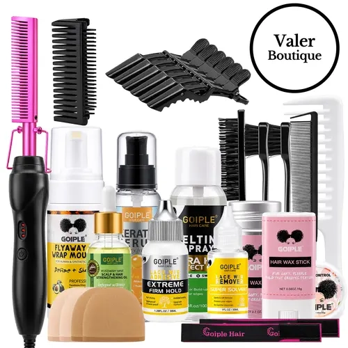 Goiple Ceramic Electric Pink Hot Comb Hair Straightener, Heat Pressing Tool for Smooth Wigs, Elastic Brush Kit