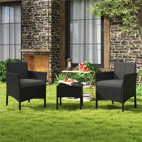 Costoffs 3-Piece Rattan Furniture Set, Outdoor Wicker Patio Conversation Furniture Set, 2-Piece Woven Rattan Chairs with Cushions & 1 Side Table for Bistro/Porch/Garden/Deck/Courtyard,outdoorfurnitureset,home decor,camping essentials