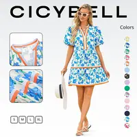 Cicy Bell Womens V Neck Floral Mini Sundress Short Puff Sleeve Patchwork Summer Casual Boho Dresses Soft Fabric & Comfortable Fit