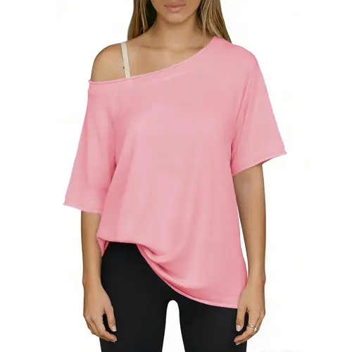 Fisoew Sports  2026 Summer Spring Women's Off-Shoulder Crop Top, Loose Fit, Summer Sports T-shirt, suitable for home wear, travel,,summerwins,travel essentials,camping essentials