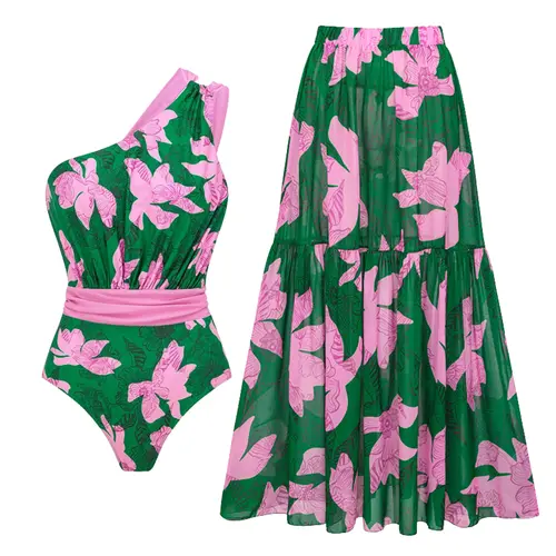 FLAXMAKER Women's One Shoulder Printed One Piece Swimsuit and Matching Cover Skirt Set Swimdress Stylish Beachwear Bathing Suit #Summervibes outdoorfun #SwimWeek