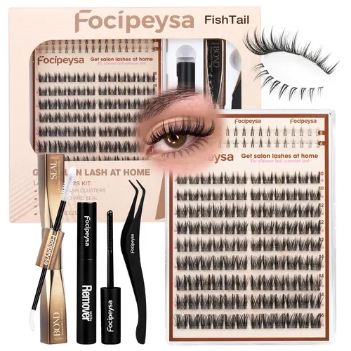 Focipeysa FishTail Lash | Manga Wispy Lash Clusters | Natural Volume Clusters | Ultra-Dense Waterproof, Last all Day Long Wear, Beginner Friendly | D-Curl DIY Cluster Lashes | Achieve Salon-Perfect Flawless Eyes at Home