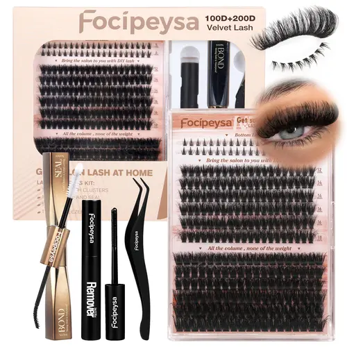 Focipeysa Velvet Lashes | 100D+200D with Bottom Lashes | Professional Salon Lash Extensions Look, Home Application | 12-18mm D Curl | Waterproof, Ultra-Dense & Long Lasting | Effortless DIY D-Curl for a Volume Fluffy Eye Look,back to school