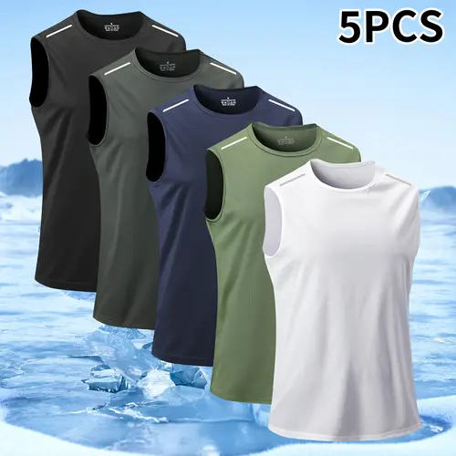 Men's 5-Pack Breathable Crew Neck Sleeveless Quick Dry Workout Tank Shirts - Light Athleisure Vests, Ideal for Gym, Spring-Summer Vacations
