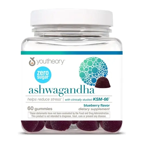 Youtheory Organic Ashwagandha 0-Sugar Botanical Supplement Gummies, 60 Pieces Clinically Tested Adult Wellness Gummies with Stress Relief, Calories Information, Carnauba Wax - Edible Daily Dietary Herbal Nutrition Support