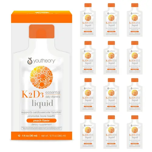 Youtheory K2 and D3 Daily Vitamin Supplement for Calcium Absorption, Bone Strength and Cardiovascular Support, Liquid Peach Flavor, 12 – 1oz Single Serving Packets