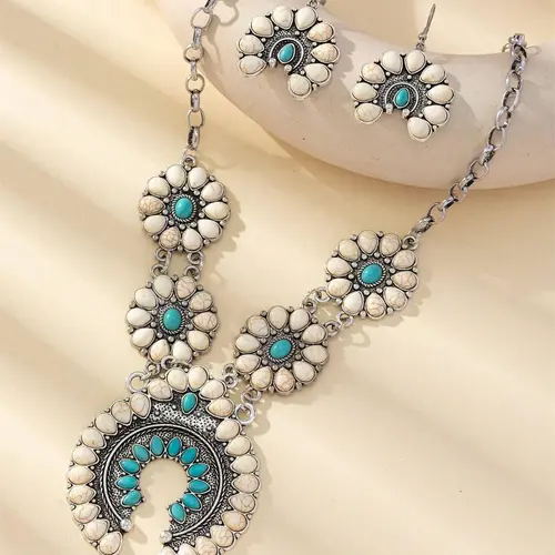 Vintage Bohemian Style Turquoise Decorative Jewelry for Women, Flower Necklace & Earrings Set, Fashion 90s Jewelry for Party and Daily Wear, Fashionable Trendy Exquisite Jewelry Gifts for Girlfriend Decoration