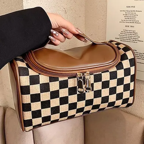 Fashion Colorblock Checked Pattern Makeup Bag, Casual Versatile Zipper Makeup Pu Leather Storage Bag, Makeup Organizer Pouch for Women & Girls, Travel Cosmetic Bags, Cosmetics Bag, Travel Essentials