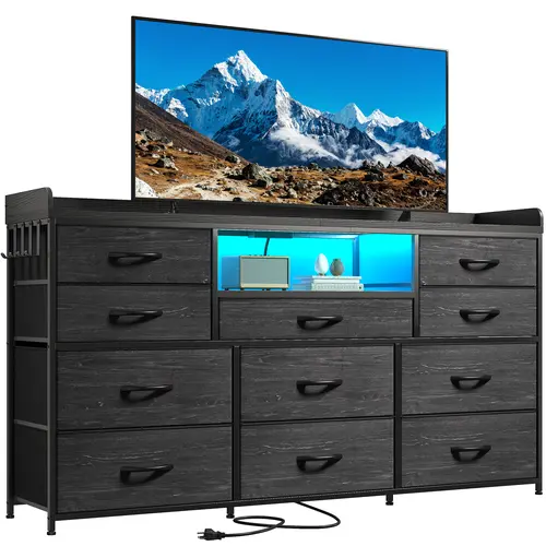 【SummerVibes】Raybee 11-Drawer Wood Bedroom Drawer Chest Organizer - Modern Space Saving Cabinet, Media Cabinet, TV Stand, Apartment Furniture, Sliding Door, LED Lights, Power Outlets, Shelves, 4 Hooks, Sturdy (Over 25kg) Indoor Cupboard