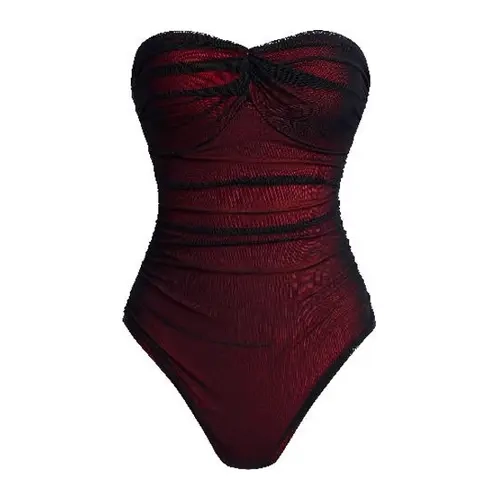 OQQ Women's Strapless Ruched Sheer Mesh Bodycon Bodysuit, Sexy Elegant Top for Party and Valentine's Day Outfits, Clothes, Valentines Day, All Seasons, Evening, Machine Washable, Christmas, New Year, Easter, Normal Type, Piece, Fitted, Tops For Women, Nig