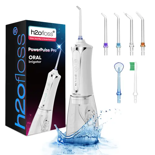 H2ofloss Cordless Portable Oral Irrigator P11-White - 300ML Watertank, IPX7 Waterproof, 5 Modes, Rechargeable Batteries, Deep Clean Cleansing, Fresh Breath & Gum Care, 1 x Oral Irrigator