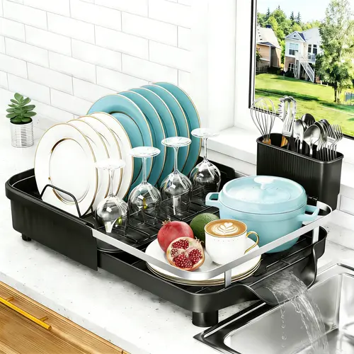 Multifunctional Expandable Over-Sink Dish Drying Rack - Adjustable Organizer Draining Boards, Kitchen Supplies Organizer Storage for Plates, Bowls, Cups, Utensils with Auto Drain Spout, Expanding Drying Rack Draining Boards