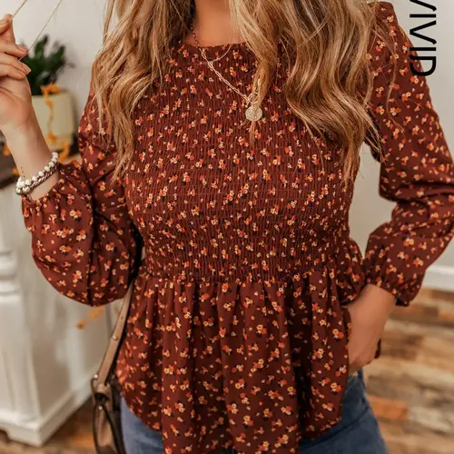 Women's Ditsy Floral Print Peplum Shirred Blouse Shirts, Peplum Top, Going Out Tops, Casual Bishop Sleeve Round Neck Top for Daily Wear, Ladies Clothes for Fall, Feminine