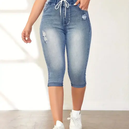 Women's Solid Basic Adjustable Drawstring Elastic Waist High Waisted Ripped Capris Jeans, High Quality Jeans, Casual Light Wash Faded High Waist Denim Fit Skinny Cropped Pants for Daily Wear, Ladies Bottoms Womenswear for All Seasons