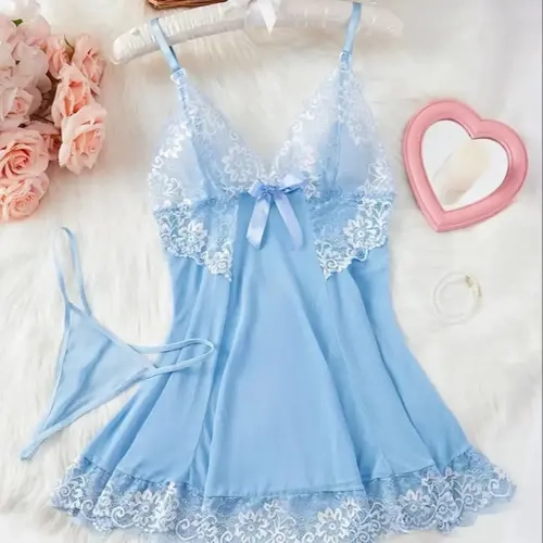 Women's 2-Piece Contrast Lace Floral Detail Nightwear Set, Sleeveless Bow Front Sexy Lingerie Lace Sleepwear, Adjustable Strap Nightgown & Solid Thong, Womenswear for Summer Daily Wear, Hand Wash Only