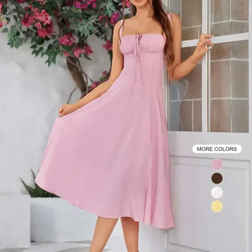 Women's Woven Lace Up Split Thigh Sleeveless Cami Dress, Elegant Slim Fit Lightweight Adjustable Strap Ruched Backless Tie Front Midi Dress, Women's Dress for Summer Beach Holiday Casual Wear