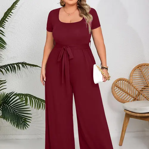 Plus Size Solid Wide Leg Fitted Medium Polyester Jumpsuit With Belt, Elegant Square Neck Belted Jumpsuit for Daily Casual Outdoor Wear, Women Plus Womenswear Clothing for All Seasons